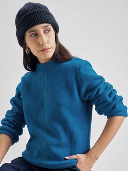TOKYO TALKIES - Women Teal Solid Teddy High Neck Sweatshirt