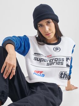TOKYO TALKIES - Women White Relaxed Cropped Graphic Printed Moto Sweatshirt
