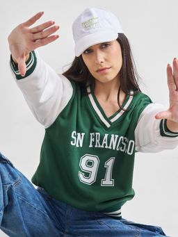 TOKYO TALKIES - Women Green Typography Printed Relaxed Fit Baseball Sweatshirt