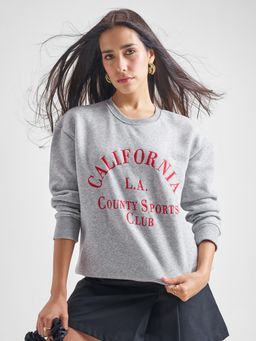 TOKYO TALKIES - Women Grey Oversized Round Neck Typography Printed Sweatshirt