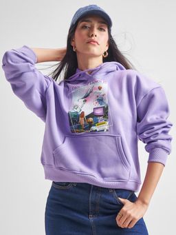 TOKYO TALKIES - Women Purple Winter Graphic Overshirt Hoodie