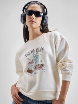 TOKYO TALKIES - Women Cream Minimal Vintage Relaxed Fit Sweatshirt