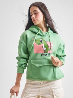 TOKYO TALKIES - Women Green Cartoon Graphic Printed Oversized Hooded Hoodie