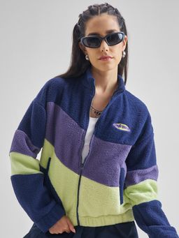 TOKYO TALKIES - Women Navy Blue Colorblock Teddy Relaxed Fit Sweatshirt
