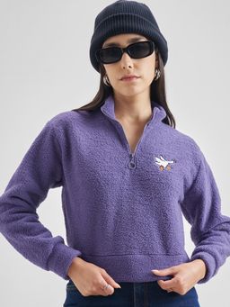 TOKYO TALKIES - Women Purple Half zip Pullover Embroidered Crop Teddy Sweatshirt