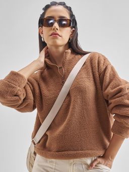 TOKYO TALKIES - Women Brown Oversized Drop Shoulder Textured Sweatshirt