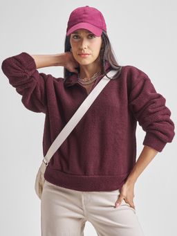 TOKYO TALKIES - Women Maroon Oversized Drop Shoulder Textured Sweatshirt