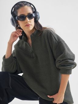 TOKYO TALKIES - Women Grey Oversized Drop Shoulder Textured Sweatshirt