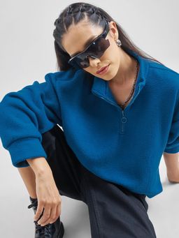 TOKYO TALKIES - Women Teal Oversized Drop Shoulder Textured Sweatshirt