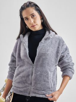 TOKYO TALKIES - Women Grey Textured Teddy Front Open Hooded Hoodie