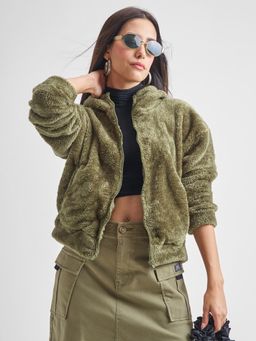 TOKYO TALKIES - Women Green Textured Teddy Front Open Hooded Hoodie
