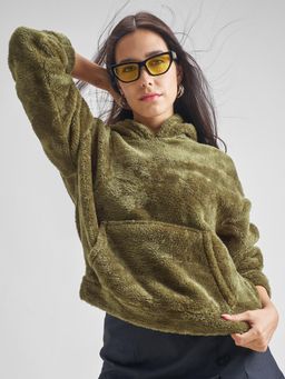 TOKYO TALKIES - Women Green Textured Teddy Drop Shoulder Hooded Hoodie