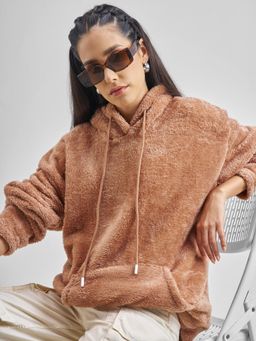 TOKYO TALKIES - Women Brown Textured Teddy Oversize Hooded Hoodie