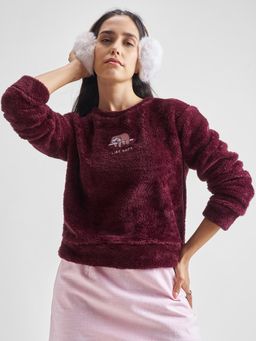 TOKYO TALKIES - Women Maroon Solid Teddy Embroidered Sweatshirt