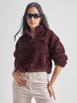 TOKYO TALKIES - Women Brown Textured Teddy Drop Shoulder Sweatshirt