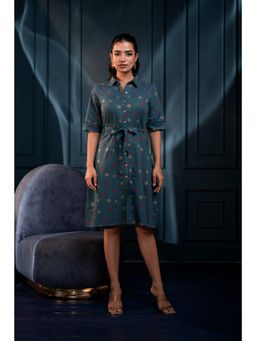 Juniper - Teal Polka Dot Button Down Viscose Shirt Dress with Belt