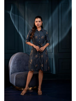 Juniper - Teal Zig Zag Print Button Down Cotton Shirt Dress with Belt