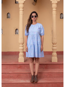 Juniper - Women Sky Blue and White Striped Cotton Short Dress