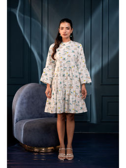 Juniper - Women White and Green Ethnic Motifs Cotton Short Dress