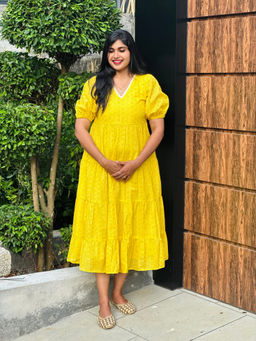 Zerah Designs - Amber Mango Yellow Pure Hakoba Schiffli Dress