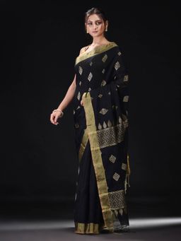 Beatitude - Black Blended Cotton Woven Saree with Golden Zari Border with Unstitched Blouse