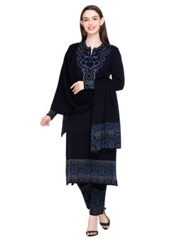 Montrex - Womens Navy Blue Self Design Round Neck Kurta with Pant and Stole (Set of 3)