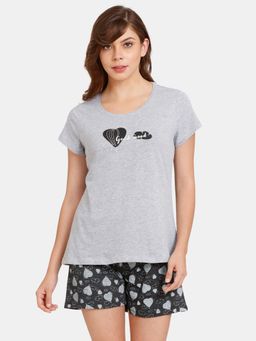 Zivame - Rosaline Geo Blooms Knit Cotton Shorts Set-Black Beauty