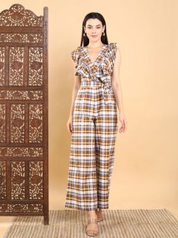 AAVYAM - Brown Ruffle Wrap Checkered Jumpsuit