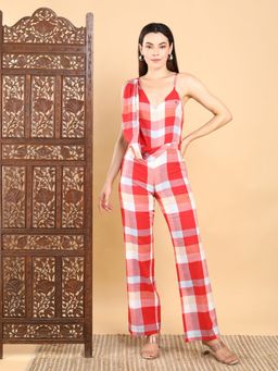 AAVYAM - Bold Red Checkered Draped Jumpsuit
