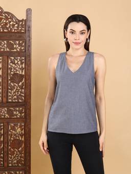 AAVYAM - Grey Solid V-Neck Top