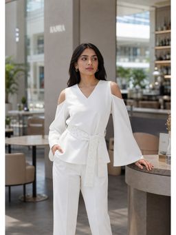AMOSHI - White Cold Shoulder Top with Pearl Belt