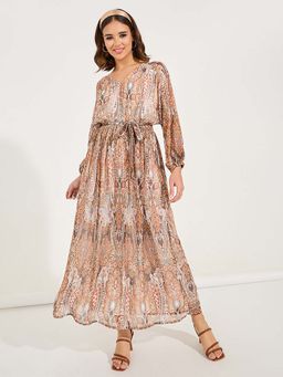 Styli - Women Ethnic Printed A-Line Maxi Dress with Belt (Set of 2)