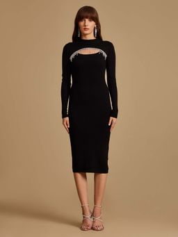 Kazo - Black Embellishmed Winter Knee Length Dress