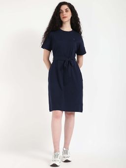 Tommy Hilfiger - Womens Navy Blue Solid Dress with Belt (Set of 2)