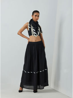 The Indian Cause - Black Chanderi Zade Crop Top With Skirt & Scarf (Set of 3)