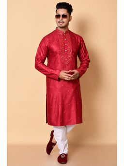 NFC CREATION - Men'S Maroon Rayon Embroidered Kurta and Pant