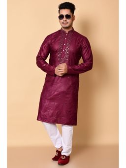 NFC CREATION - Men'S Wine Rayon Embroidered Kurta and Pant