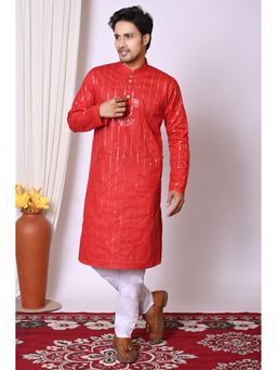 NFC CREATION - Men'S Red Cotton Embroidered Kurta and Pant