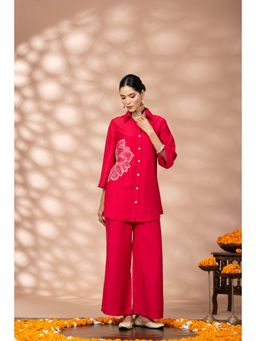 WineRed - Women Red Flower Embroidered Co-Ord Set