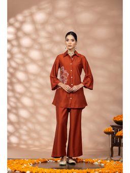 WineRed - Women Solid Rust Flower Embroidered Co-Ord Set