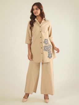 WineRed - Women Beige Cotton Embroidered Co-Ord Set