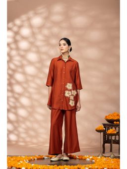 WineRed - Women Rust Embroidered Polyester Co-Ord Set