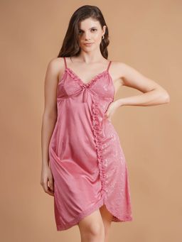 Shararat - Half Detailed Pink Satin Babydoll Dress with Panty (Set of 2)