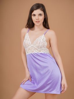 Shararat - Lace Detailed Lavender Satin Babydoll with Panty (Set of 2)