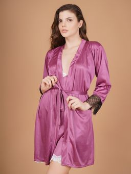 Shararat - Lace Detailed Violet Satin Babydoll And Robe with Panty (Set of 3)
