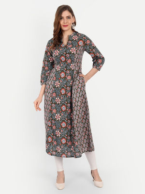 Buy Suti Women Cotton Printed A Line Flared Kurta - Green Online