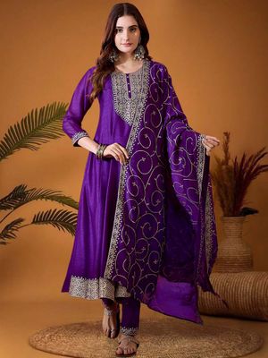 Violet Silk Embroidery Kurta with Trousers and Dupatta