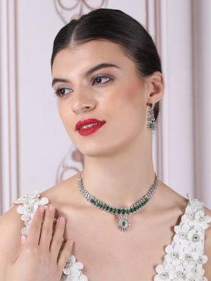 STILEADDA Silver Plated American Diamond Studded Dual Green Necklace Set