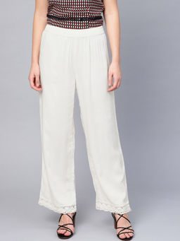 Juniper - Off-White Solid Rayon Straight Fit Palazzo With Lace Work