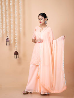 Empress Pitara - Peach Lucknowi Kurta And Palazzo With Dupatta (Set of 3)